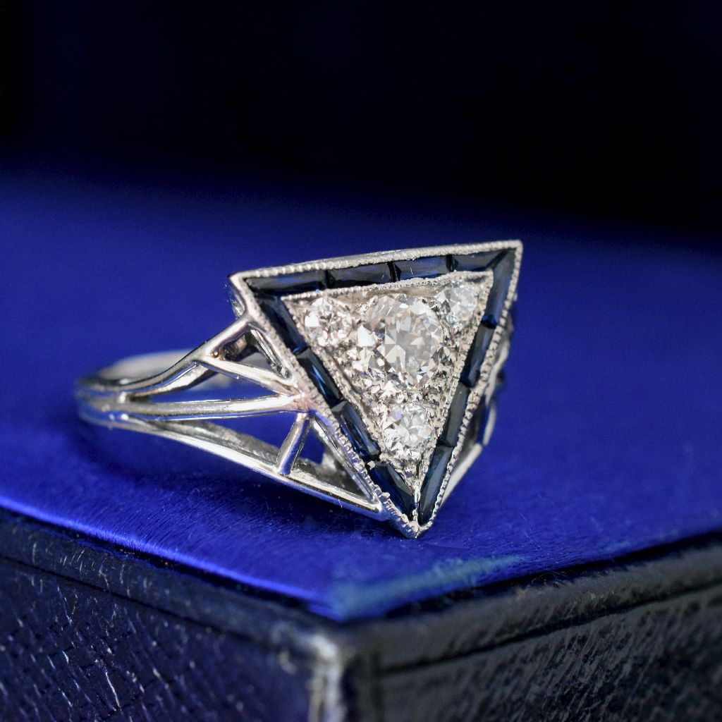 Superb Antique Art Deco 14ct White Gold Diamond Sapphire Ring Circa 1925