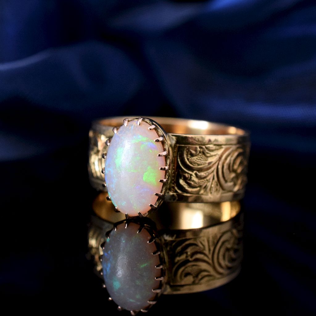 Antique Australian 18ct Yellow Gold Opal Wide Ring By Robert Robertson (1854-1921 Melbourne)