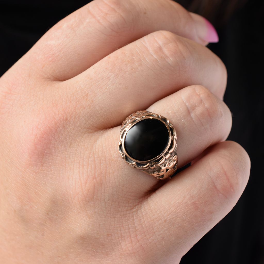 Vintage Mid-Century 9ct Rose Gold Onyx Ring