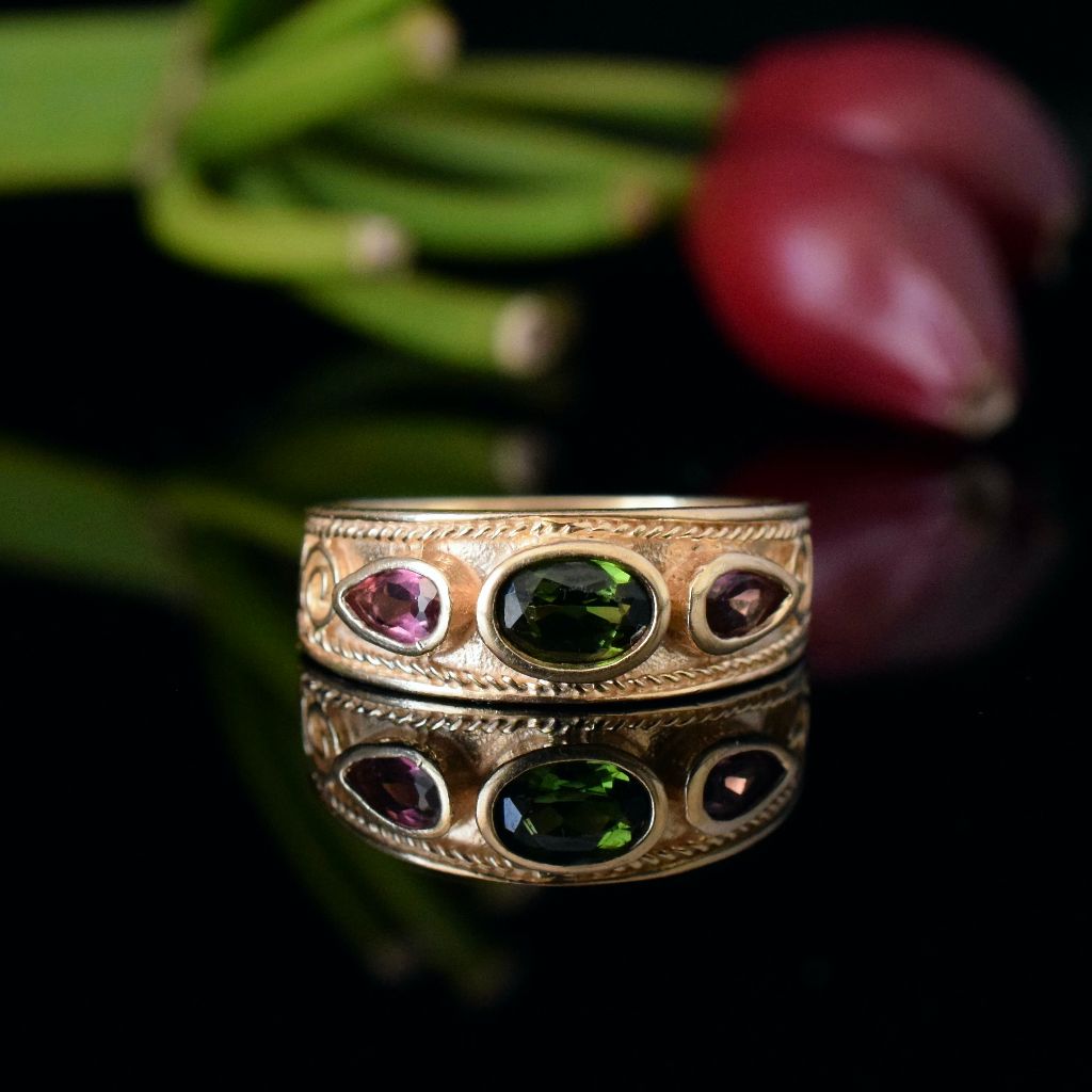 Modern 14ct Yellow Gold Green And Pink Tourmaline Ring