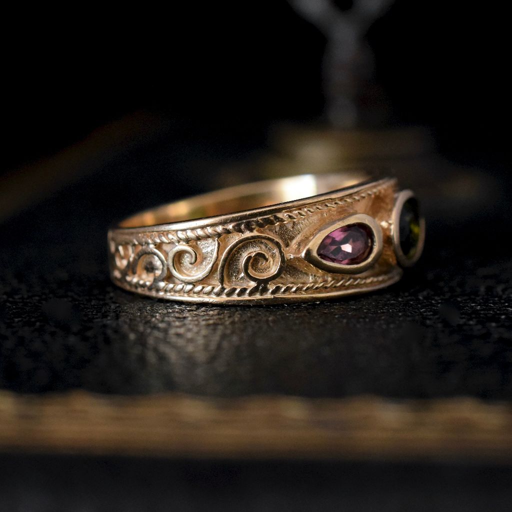 Modern 14ct Yellow Gold Green And Pink Tourmaline Ring