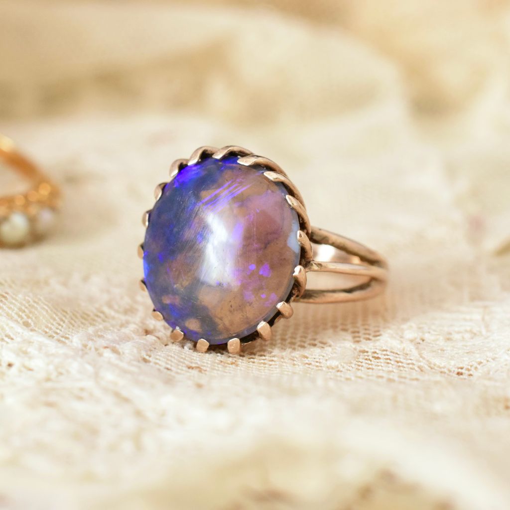 Vintage 9ct Rose Gold Australian Solid Lightning Ridge Black Crystal Opal Ring
