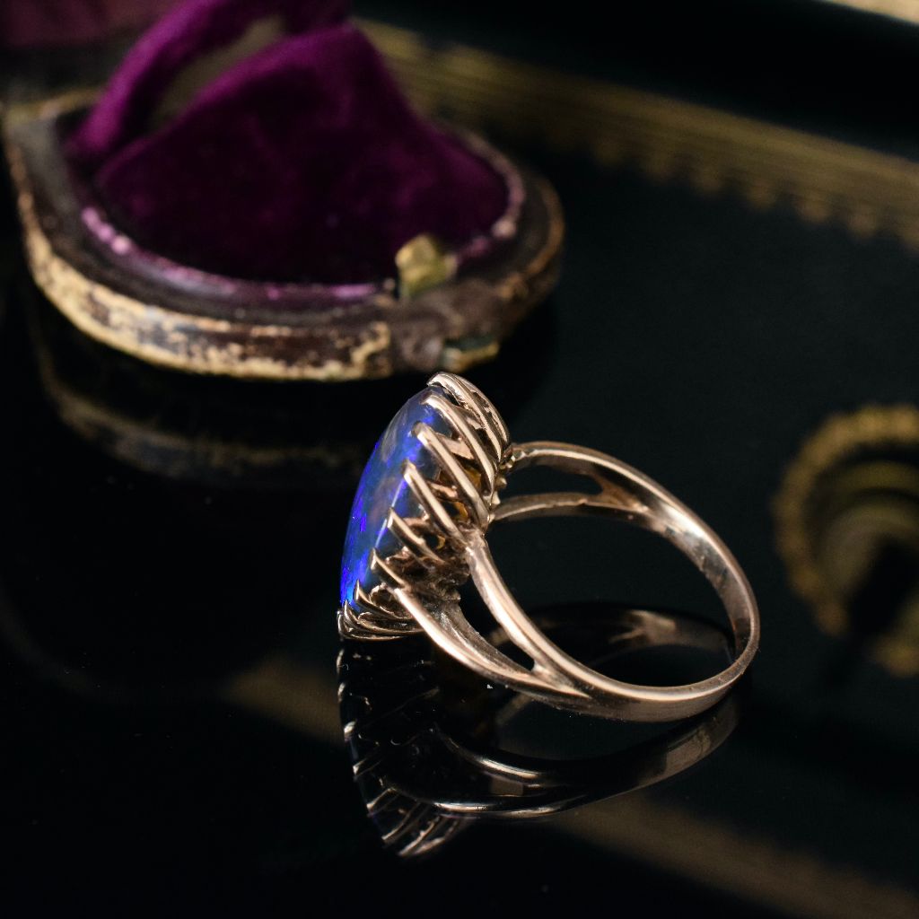 Vintage 9ct Rose Gold Australian Solid Lightning Ridge Black Crystal Opal Ring