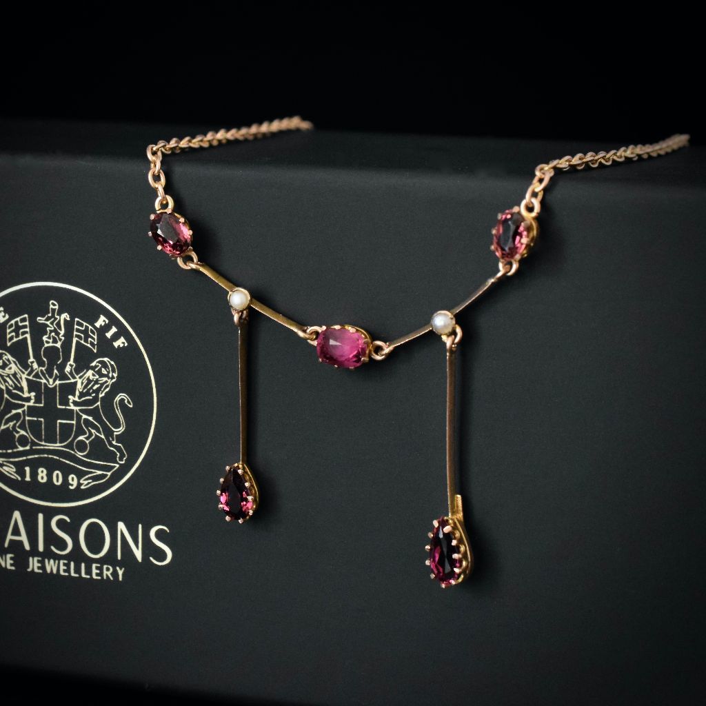 Antique Edwardian Garnet Seed Pearl Lavaliere By William Dunkling Circa 1910