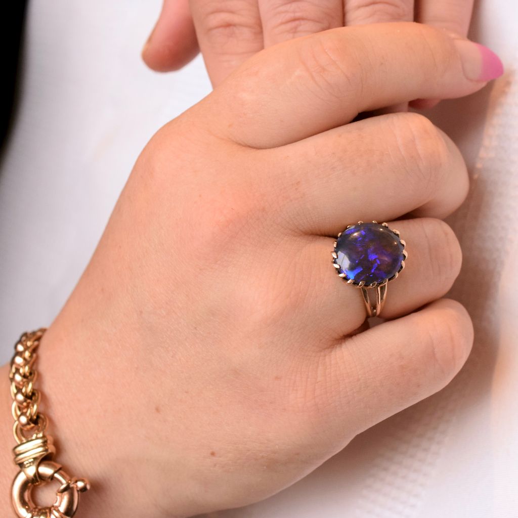 Vintage 9ct Rose Gold Australian Solid Lightning Ridge Black Crystal Opal Ring