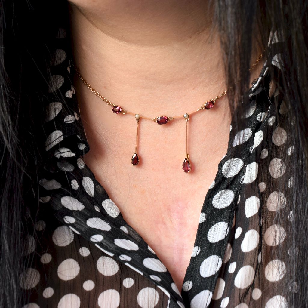 Antique Edwardian Garnet Seed Pearl Lavaliere By William Dunkling Circa 1910