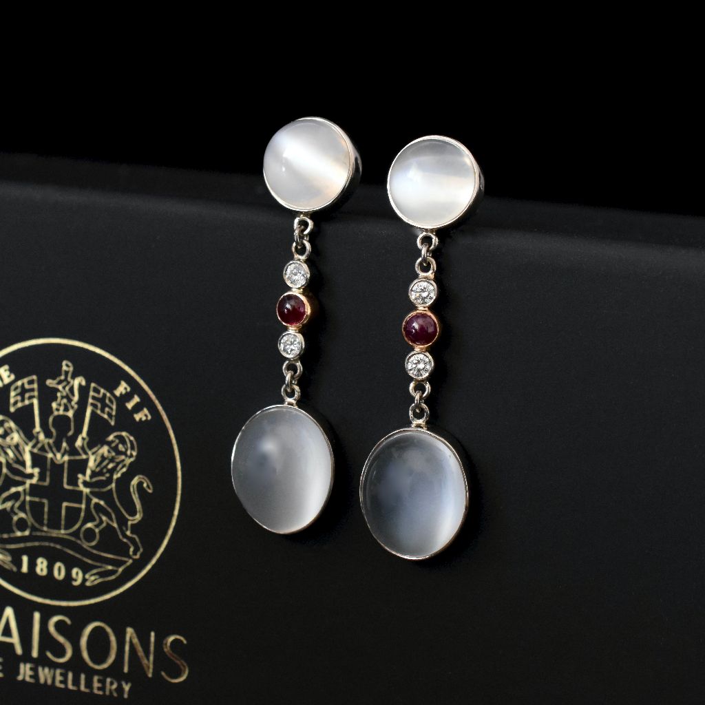 Exceptional 18ct White Gold Moonstone Diamond Ruby Earrings