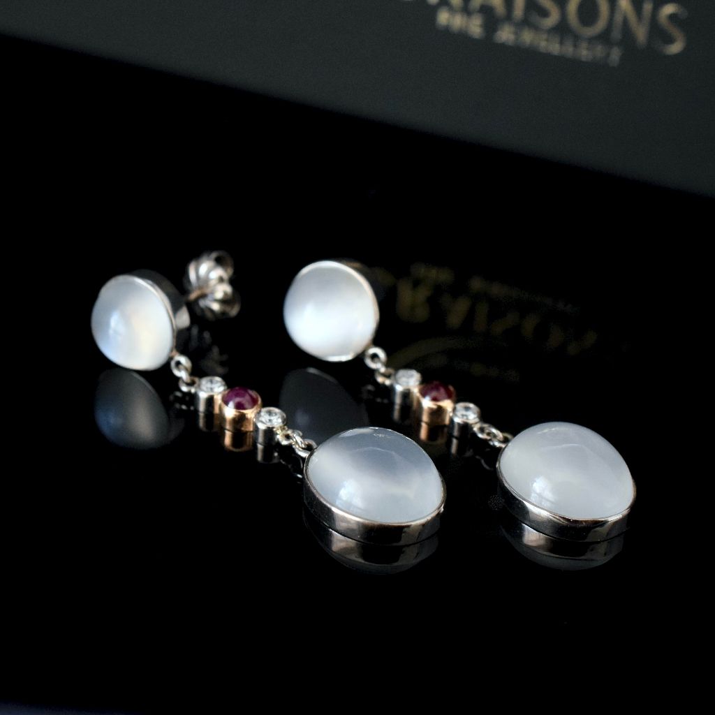 Exceptional 18ct White Gold Moonstone Diamond Ruby Earrings