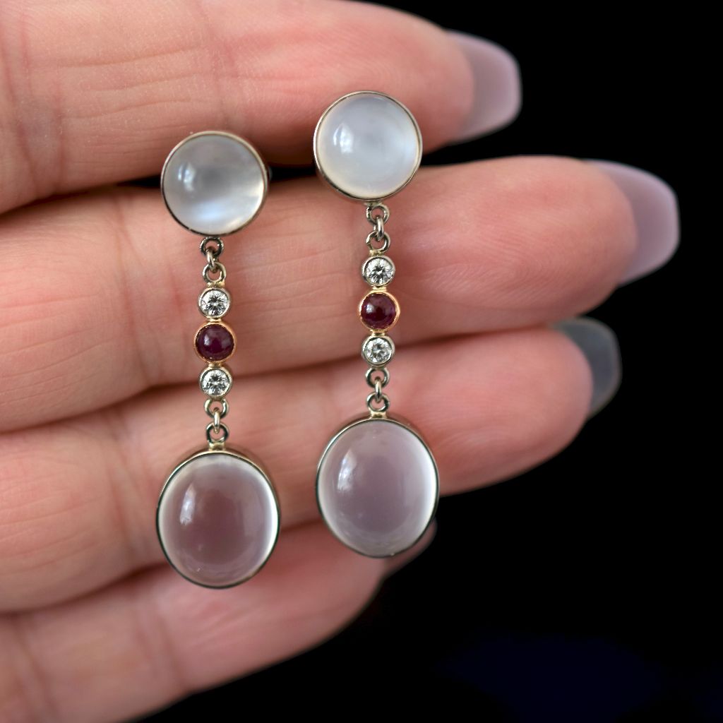 Exceptional 18ct White Gold Moonstone Diamond Ruby Earrings