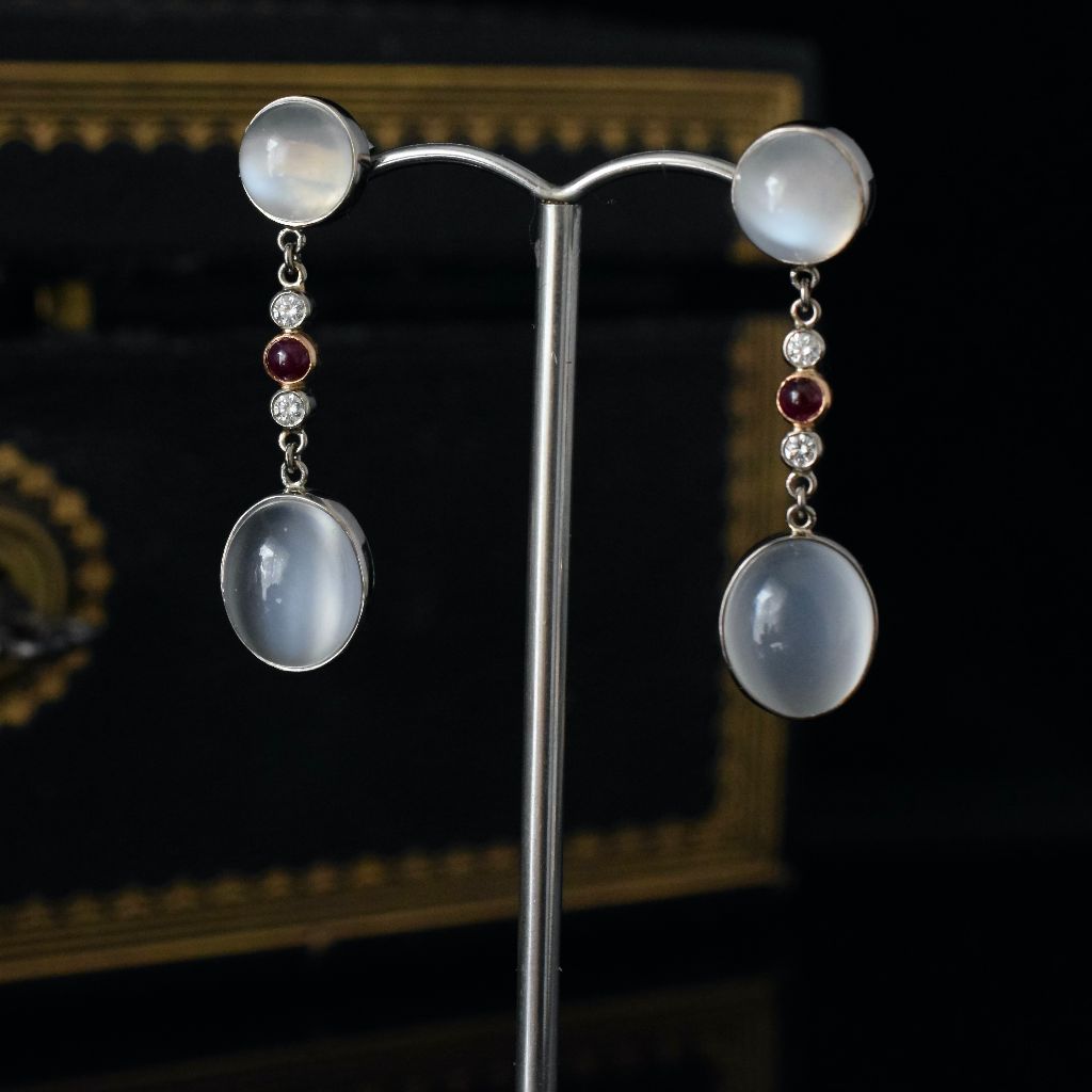 Exceptional 18ct White Gold Moonstone Diamond Ruby Earrings