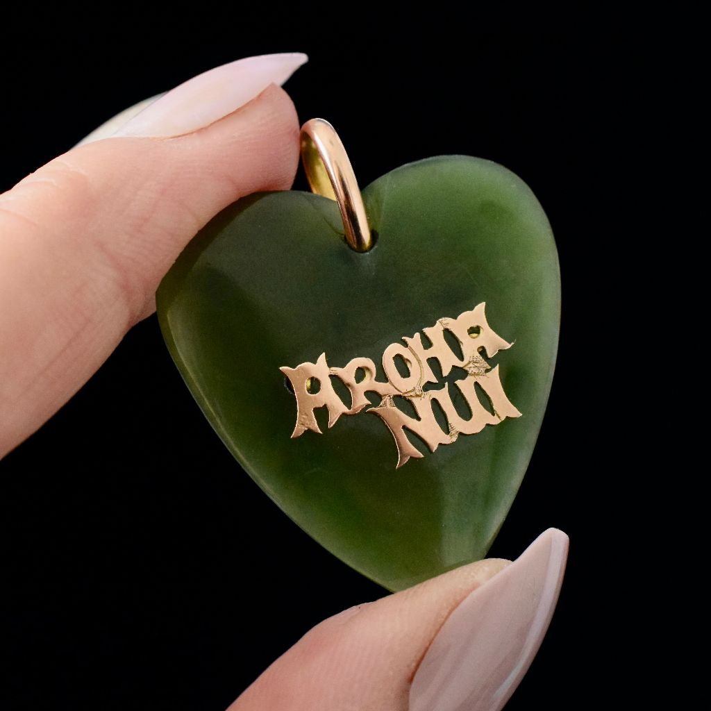 Antique Australian 9ct Gold Nephrite Jade ‘Aroha Nui’ Heart Pendant Circa 1910
