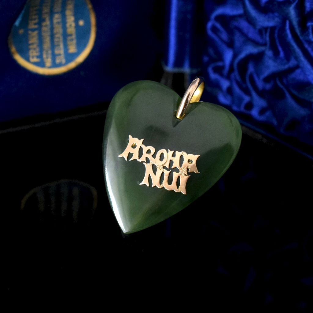 Antique Australian 9ct Gold Nephrite Jade ‘Aroha Nui’ Heart Pendant Circa 1910