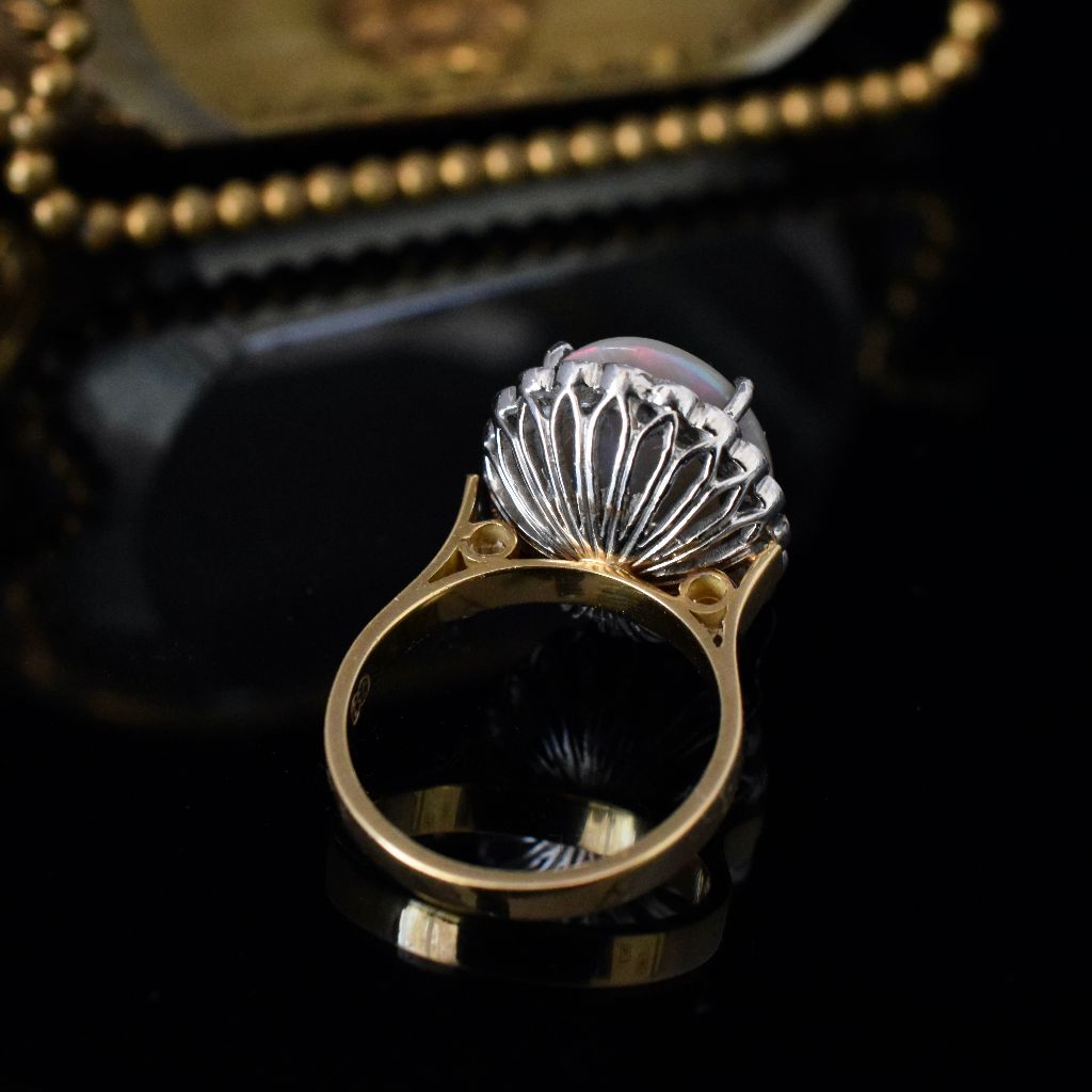 Modern/Vintage 18ct Yellow Gold Solid Dark Opal And Diamond Halo Ring (Independent Valuation Included In Purchase $12,500)