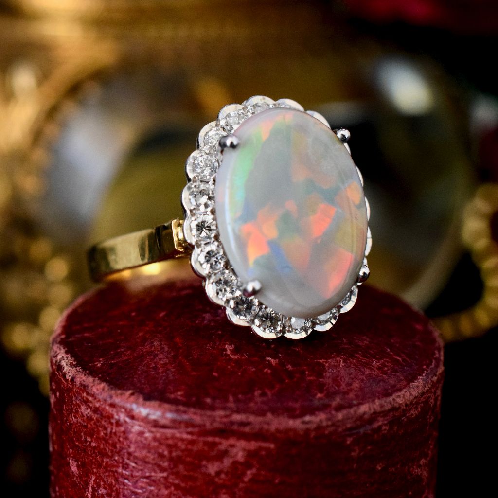 Modern/Vintage 18ct Yellow Gold Solid Dark Opal And Diamond Halo Ring (Independent Valuation Included In Purchase $12,500)