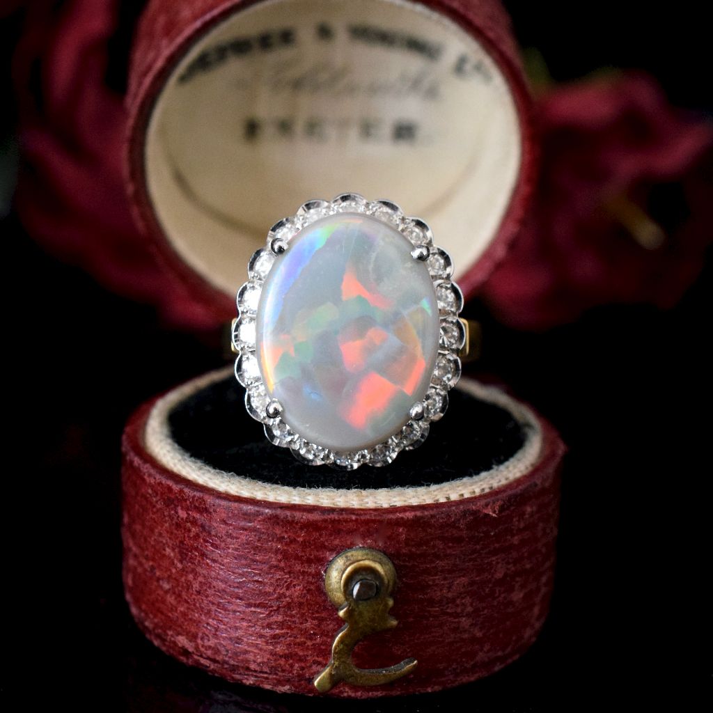 Modern/Vintage 18ct Yellow Gold Solid Dark Opal And Diamond Halo Ring (Independent Valuation Included In Purchase $12,500)