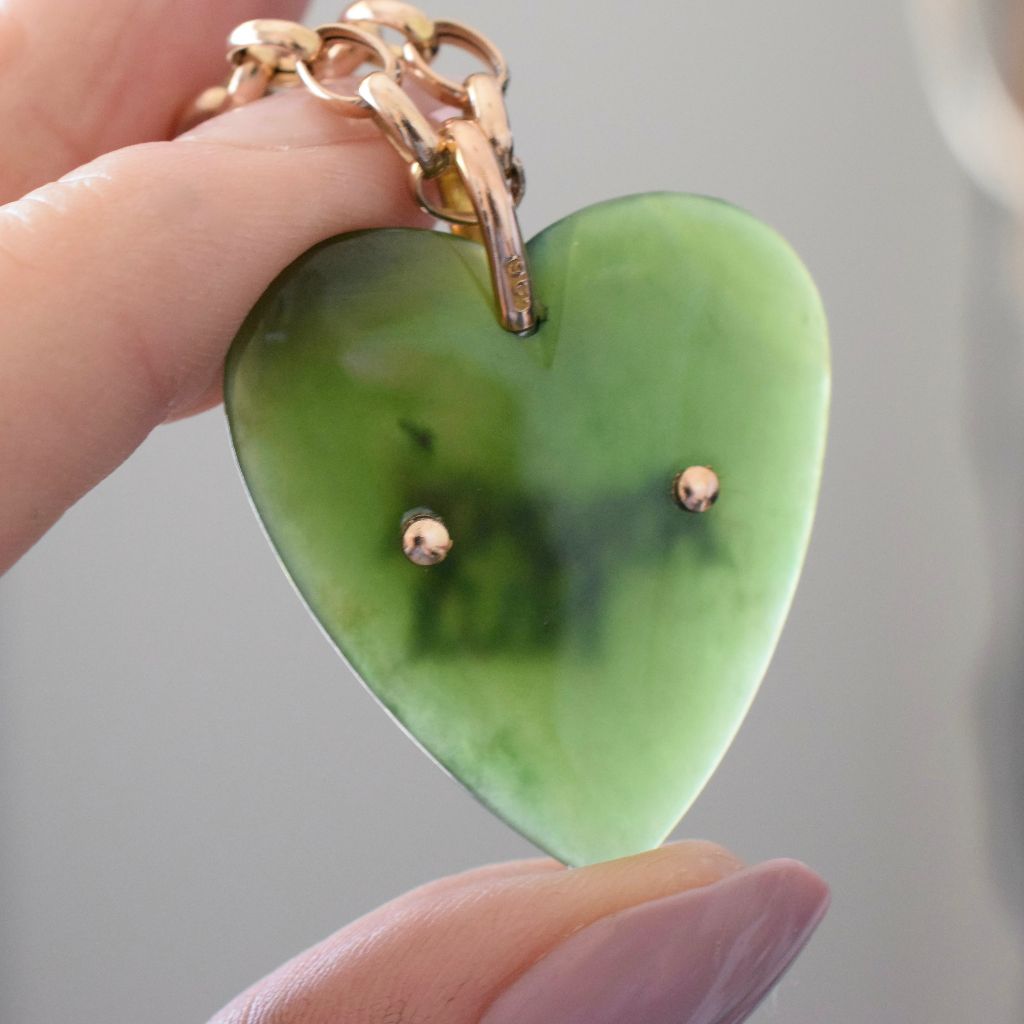 Antique Australian 9ct Gold Nephrite Jade ‘Aroha Nui’ Heart Pendant Circa 1910