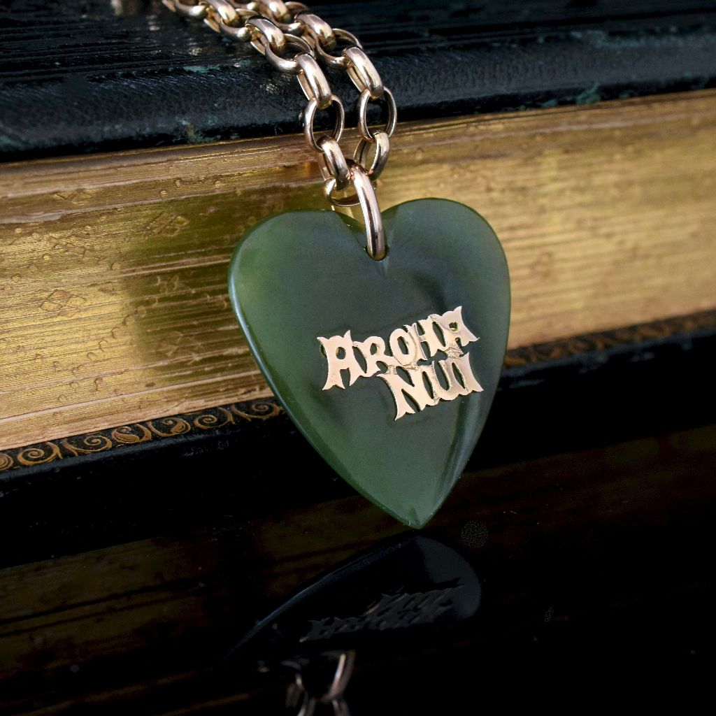 Antique Australian 9ct Gold Nephrite Jade ‘Aroha Nui’ Heart Pendant Circa 1910