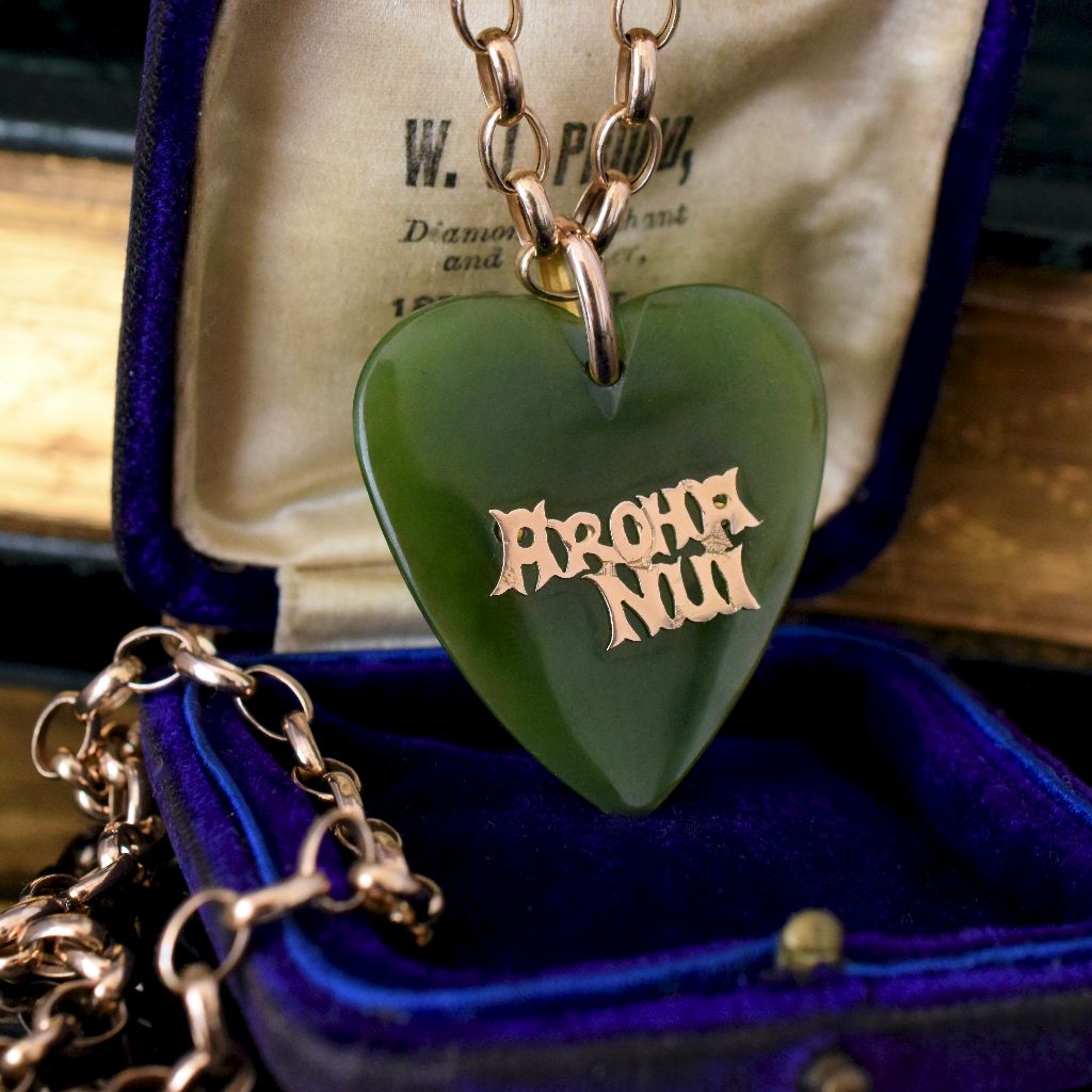 Antique Australian 9ct Gold Nephrite Jade ‘Aroha Nui’ Heart Pendant Circa 1910