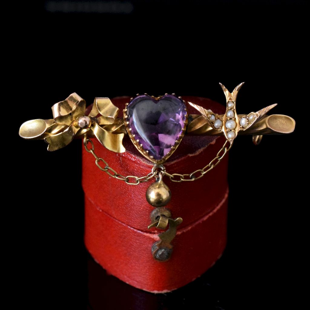 Antique 9ct Yellow Gold Amethyst Heart / Swallow Brooch Circa 1904