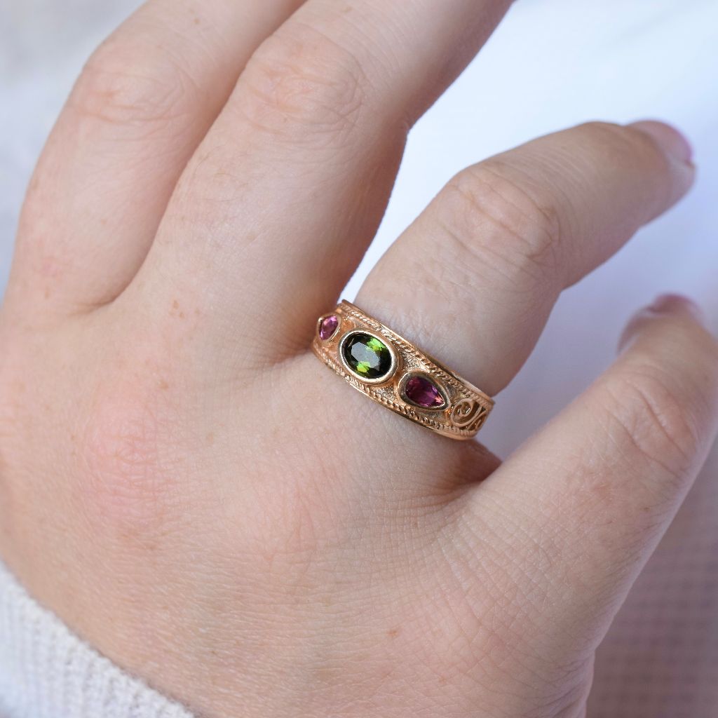 Modern 14ct Yellow Gold Green And Pink Tourmaline Ring