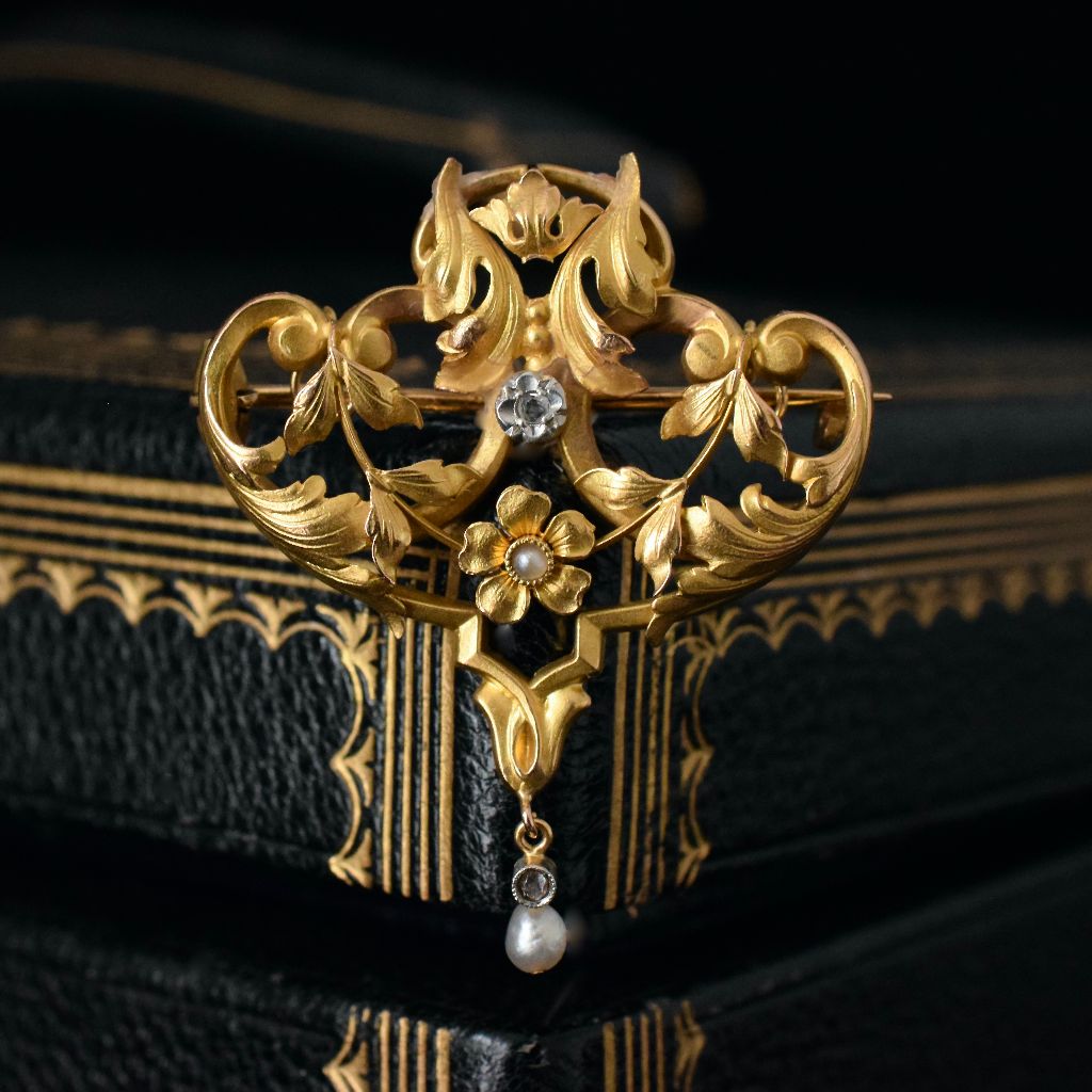 French Antique Art Nouveau 18ct Yellow Gold Pearl Diamond Brooch Circa 1900