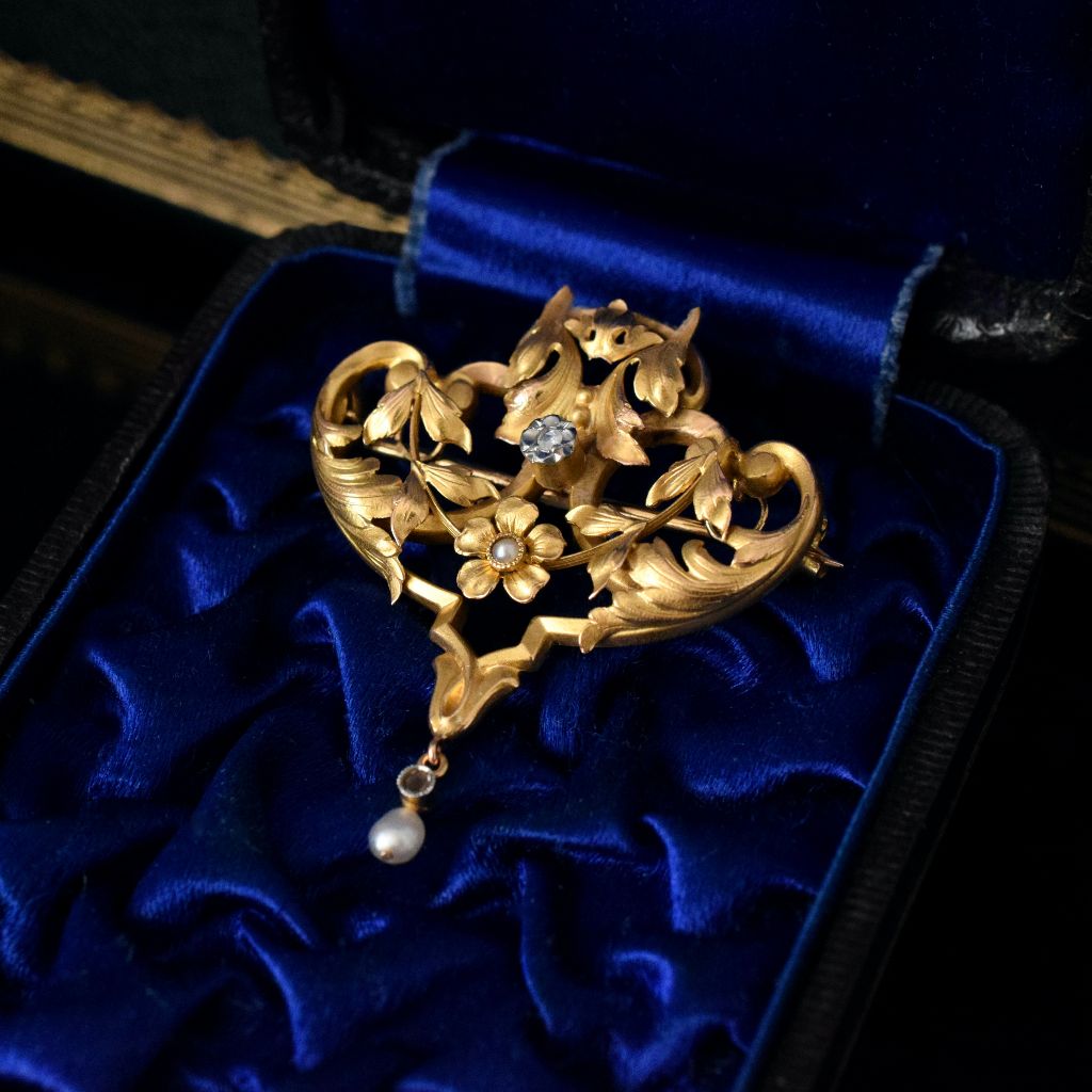 French Antique Art Nouveau 18ct Yellow Gold Pearl Diamond Brooch Circa 1900