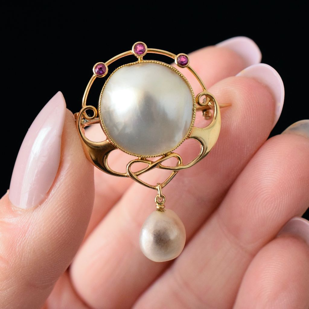 Antique Art Nouveau/Arts & Crafts 15ct Yellow Gold Pearl & Ruby Brooch Circa 1910