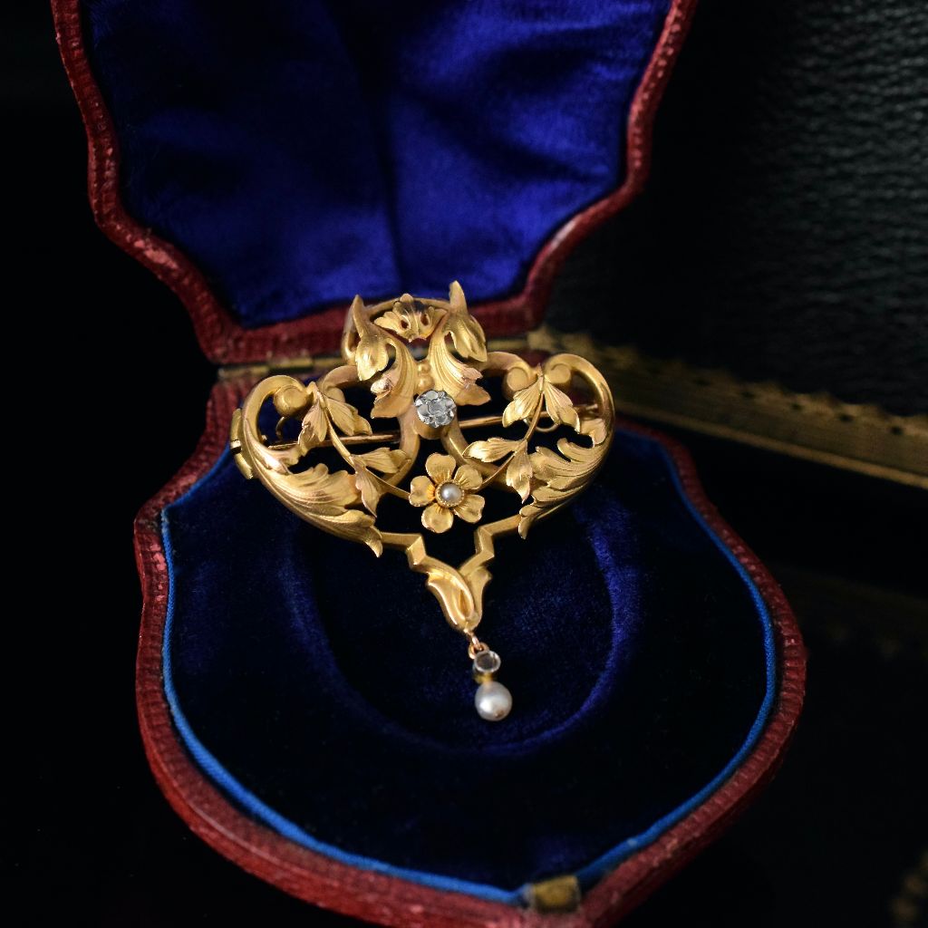 French Antique Art Nouveau 18ct Yellow Gold Pearl Diamond Brooch Circa 1900