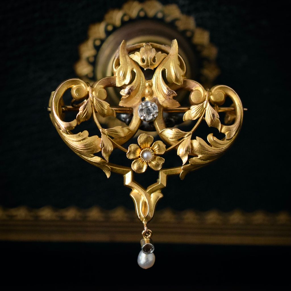 French Antique Art Nouveau 18ct Yellow Gold Pearl Diamond Brooch Circa 1900