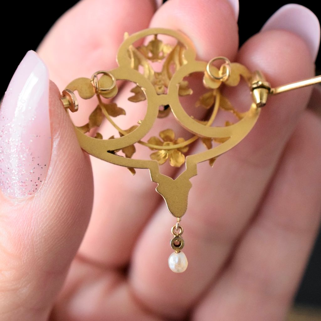 French Antique Art Nouveau 18ct Yellow Gold Pearl Diamond Brooch Circa 1900