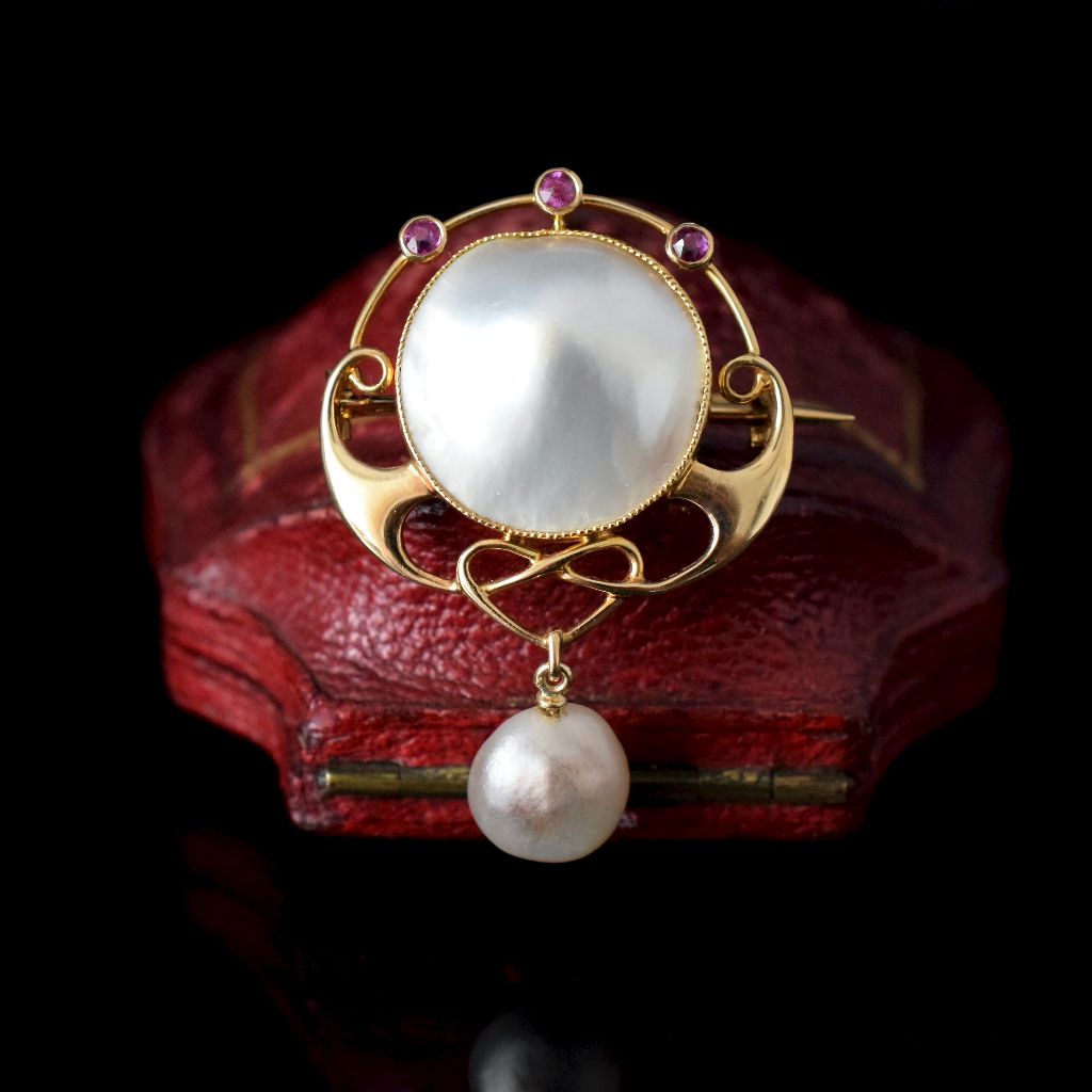 Antique Art Nouveau/Arts & Crafts 15ct Yellow Gold Pearl & Ruby Brooch Circa 1910
