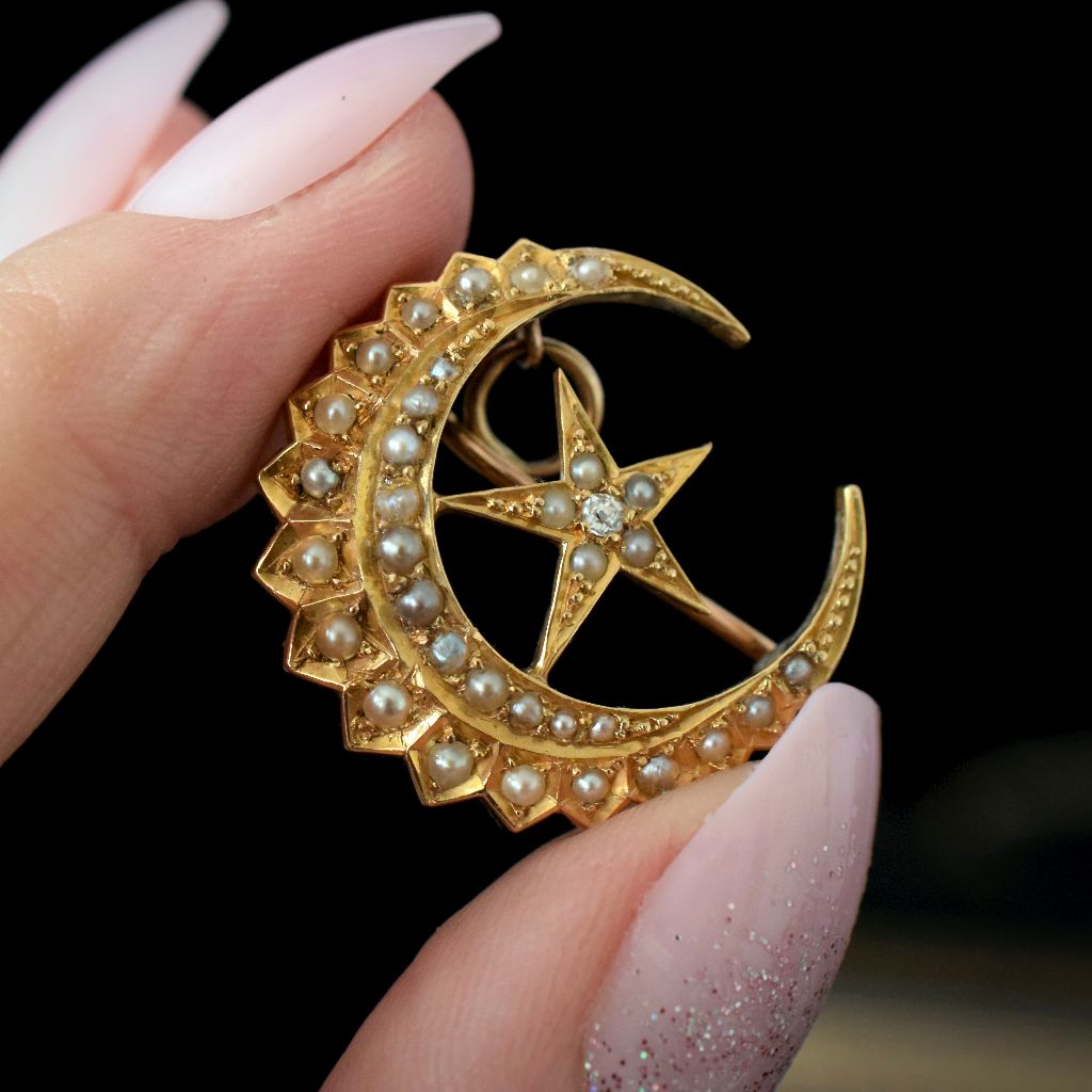 Antique Australian 18ct Yellow Gold ‘Celestial’ Diamond Pearl Crescent Brooch Circa 1890