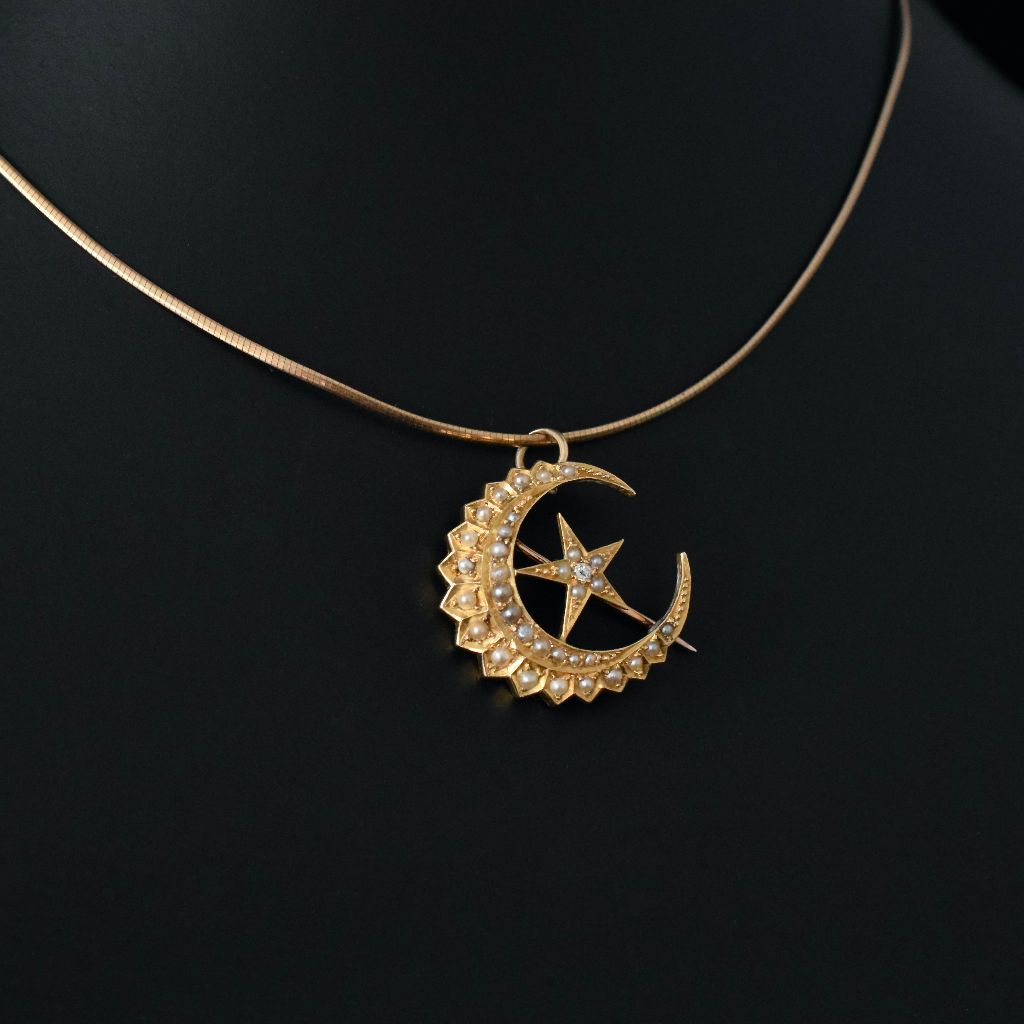 Antique Australian 18ct Yellow Gold ‘Celestial’ Diamond Pearl Crescent Brooch Circa 1890
