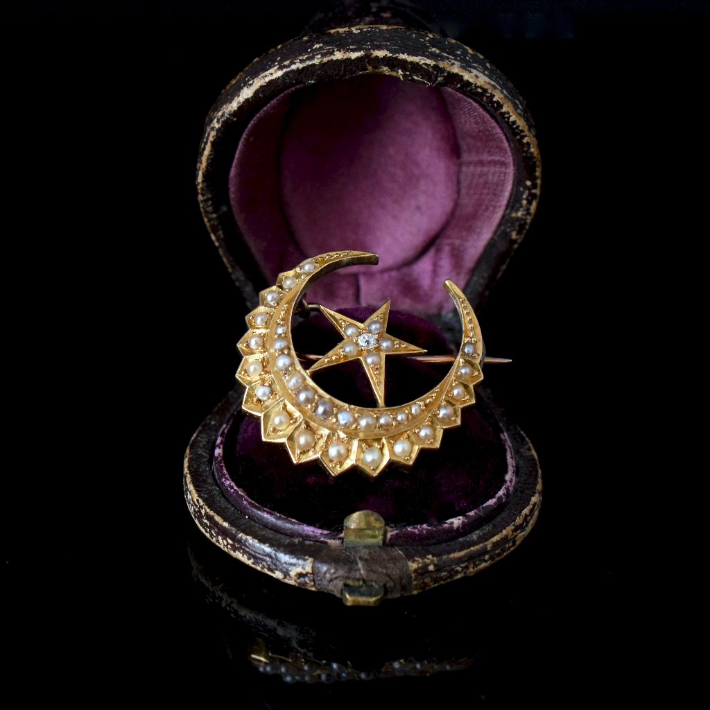 Antique Australian 18ct Yellow Gold ‘Celestial’ Diamond Pearl Crescent Brooch Circa 1890