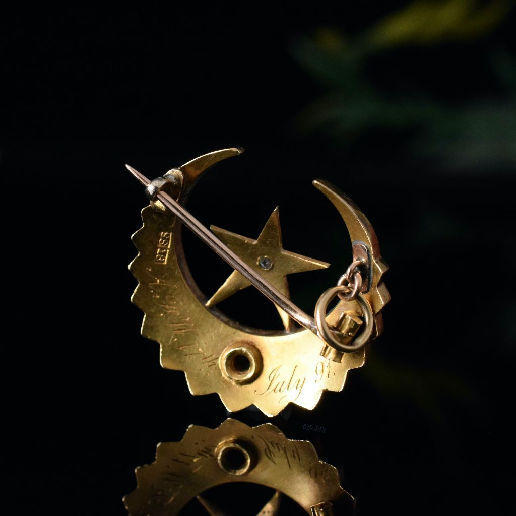 Antique Australian 18ct Yellow Gold ‘Celestial’ Diamond Pearl Crescent Brooch Circa 1890