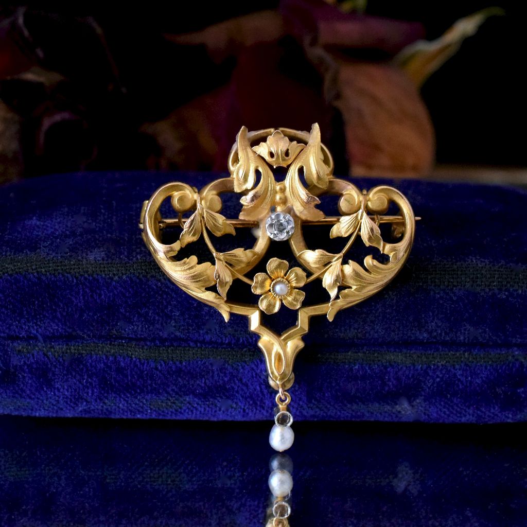 French Antique Art Nouveau 18ct Yellow Gold Pearl Diamond Brooch Circa 1900
