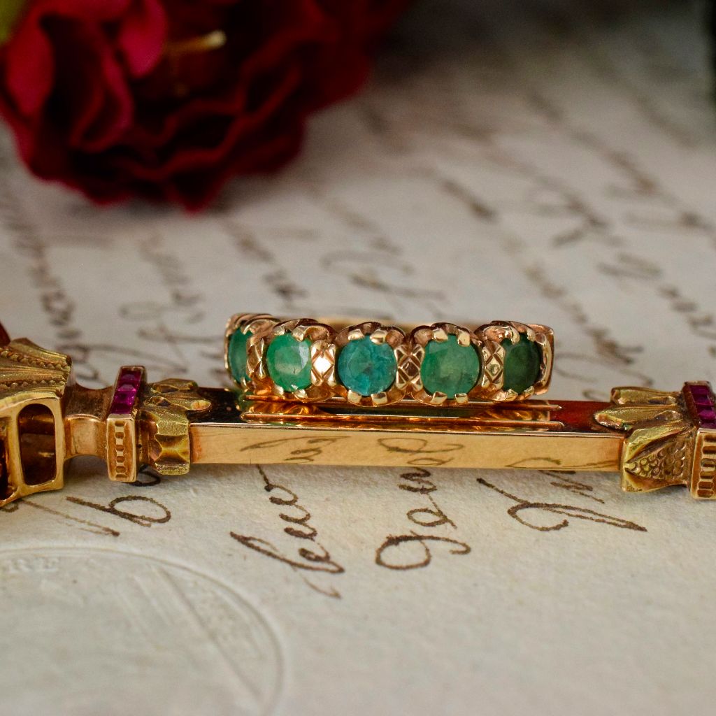 Modern 9ct Yellow Gold Five Stone Half-Hoop Emerald Ring