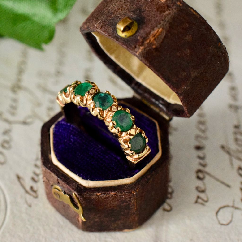 Modern 9ct Yellow Gold Five Stone Half-Hoop Emerald Ring