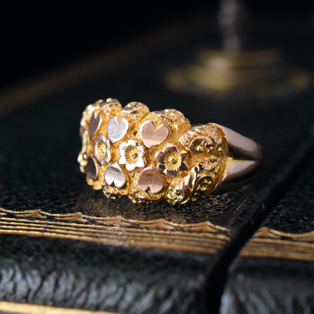 Superb Antique 9ct Rose/Yellow Gold Wide Floral ‘Hearts And Roses’ Ring Birmingham 1909