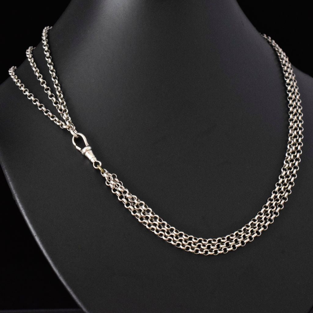 Antique Sterling Silver Triple Strand Belcher Fob Chain Necklace circa 1910