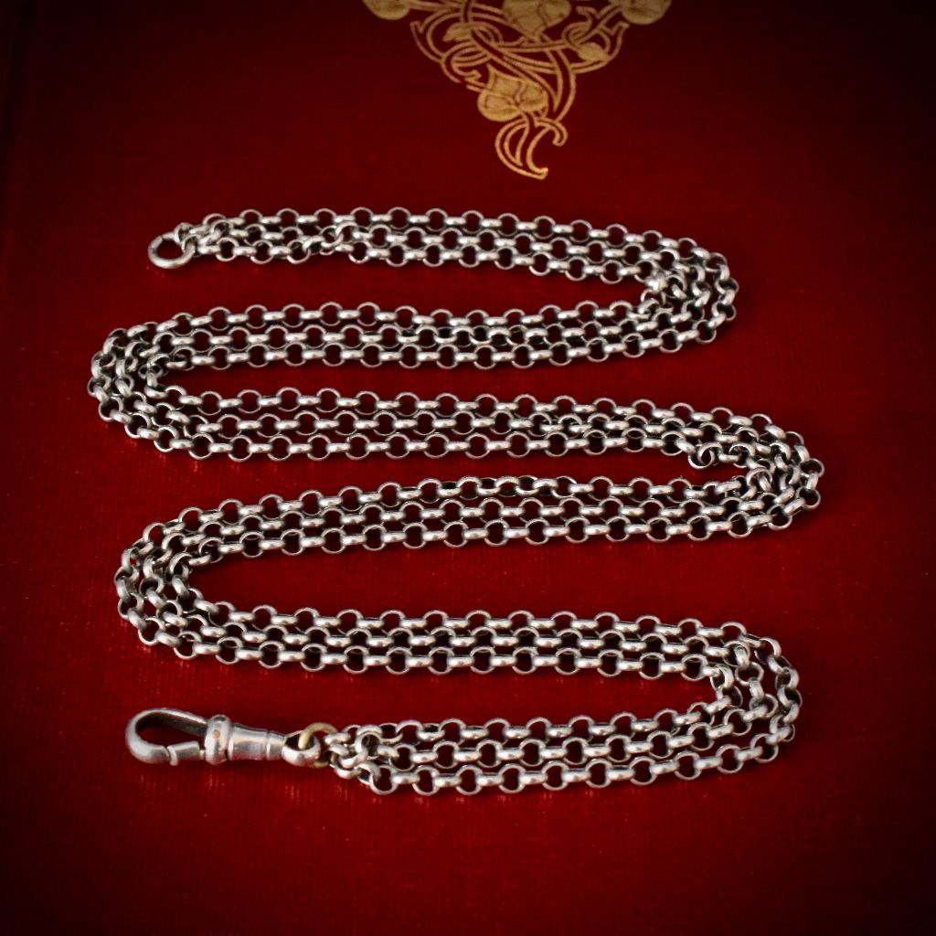 Antique Sterling Silver Triple Strand Belcher Fob Chain Necklace circa 1910