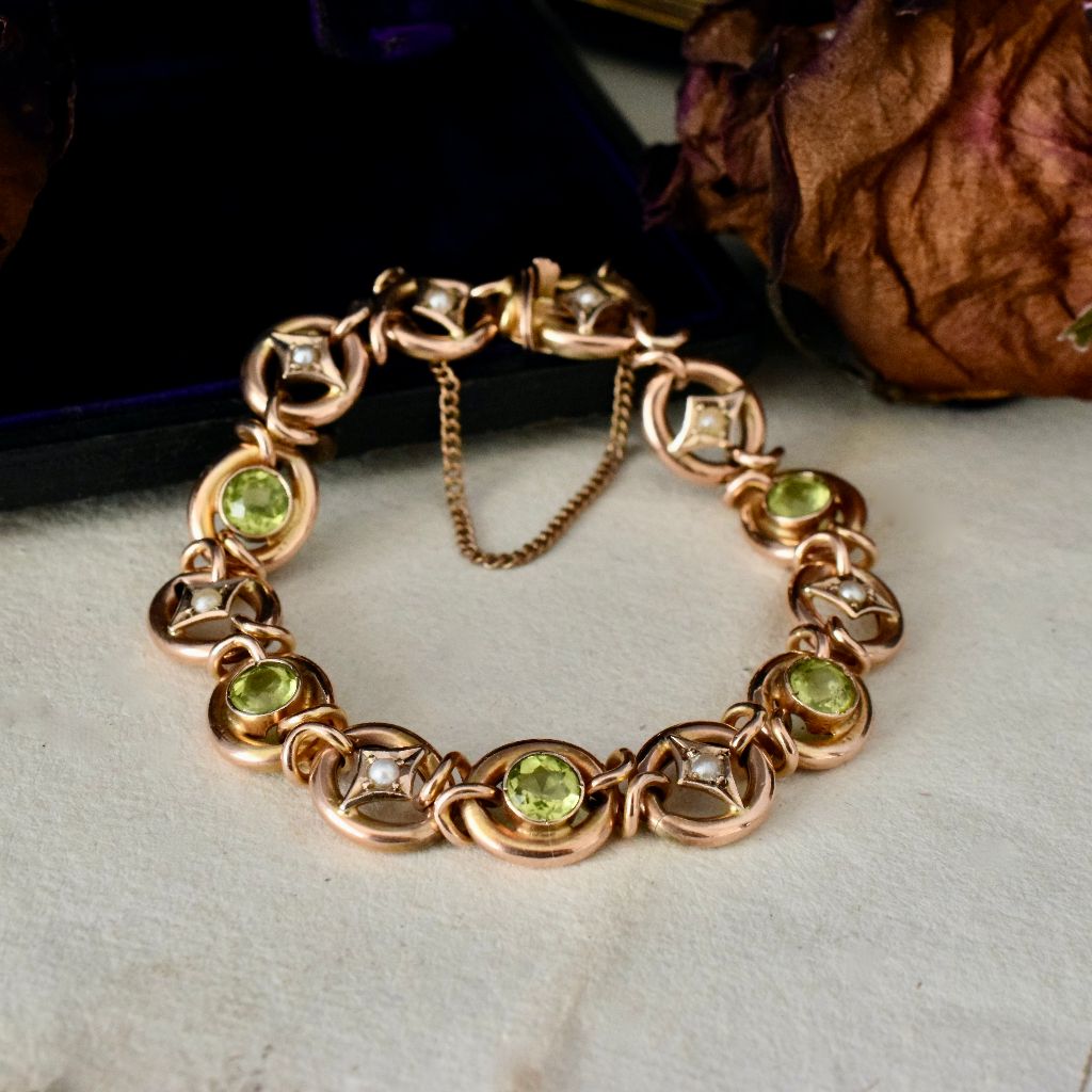 Antique Australian 9ct Rose Gold Peridot / Seed Pearl Bracelet Circa 1910