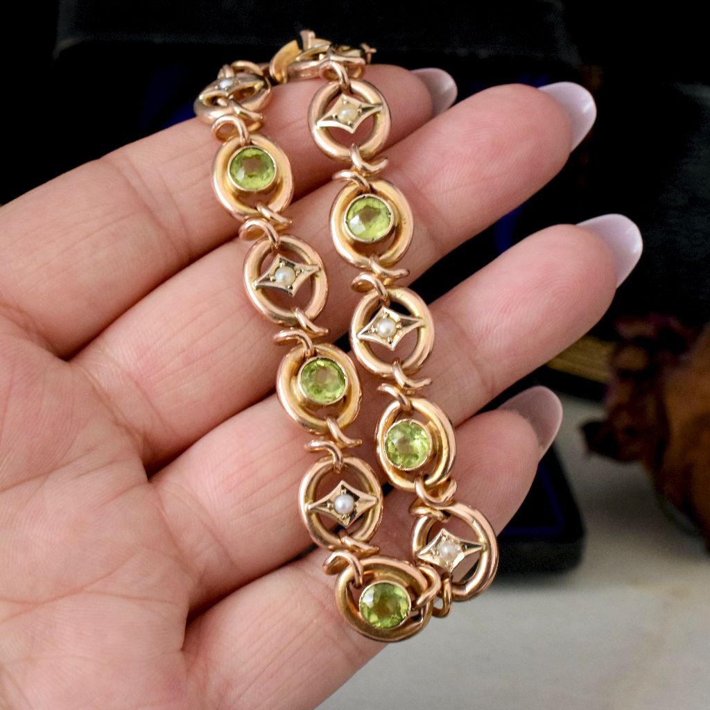 Antique Australian 9ct Rose Gold Peridot / Seed Pearl Bracelet Circa 1910