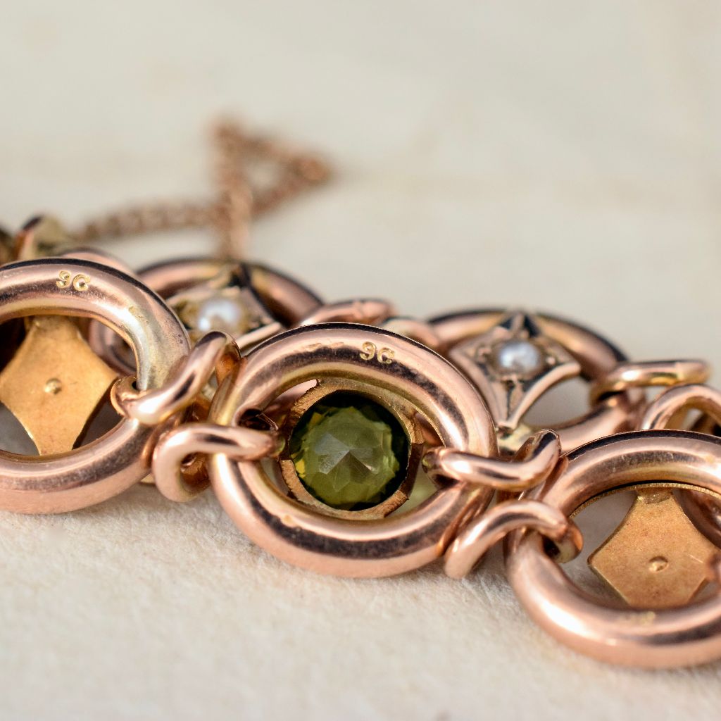 Antique Australian 9ct Rose Gold Peridot / Seed Pearl Bracelet Circa 1910