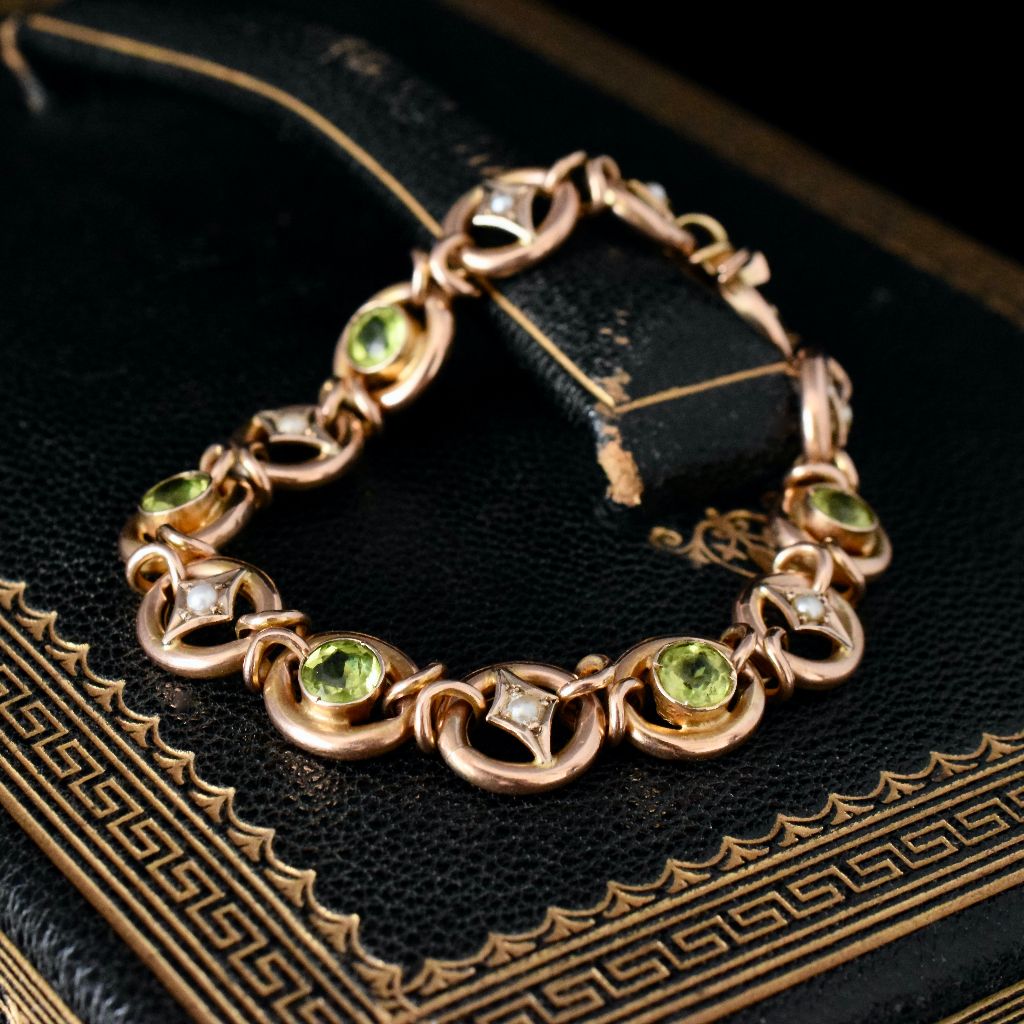 Antique Australian 9ct Rose Gold Peridot / Seed Pearl Bracelet Circa 1910