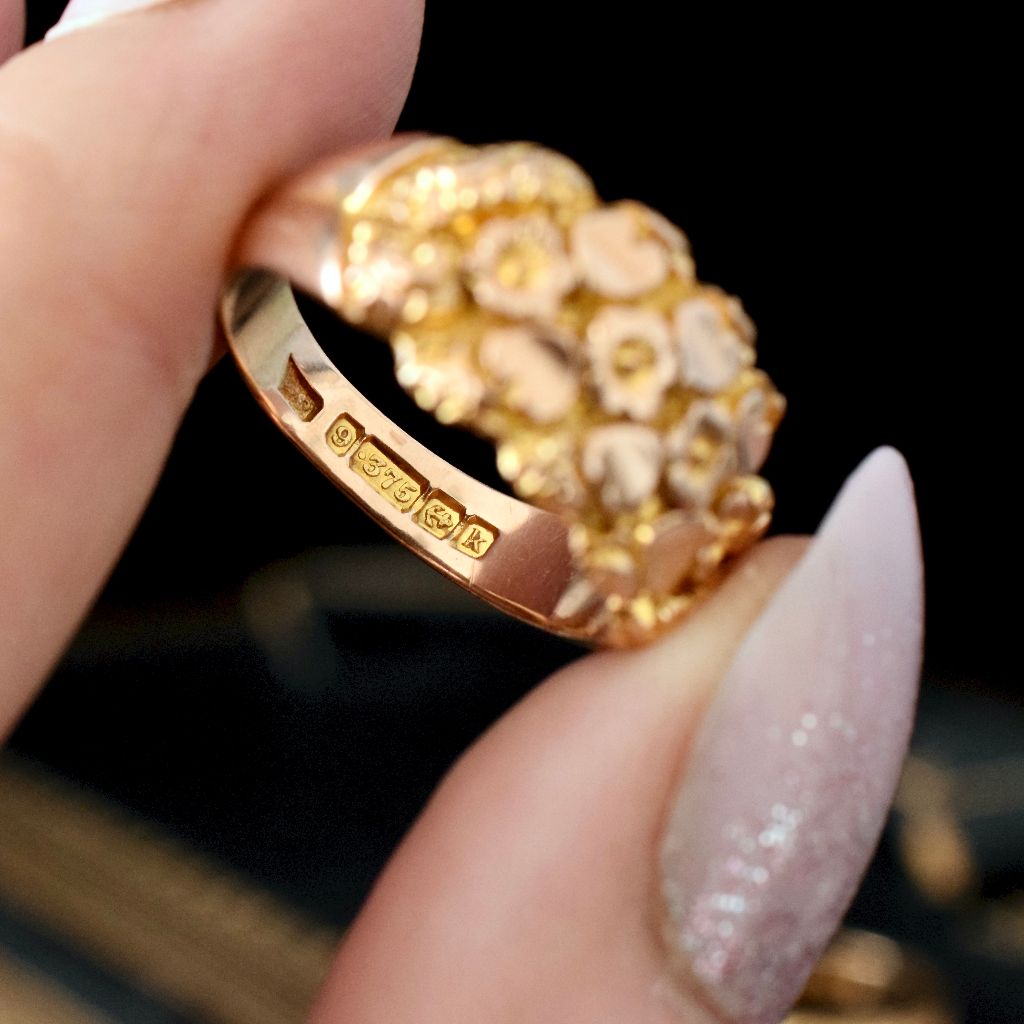 Superb Antique 9ct Rose/Yellow Gold Wide Floral ‘Hearts And Roses’ Ring Birmingham 1909