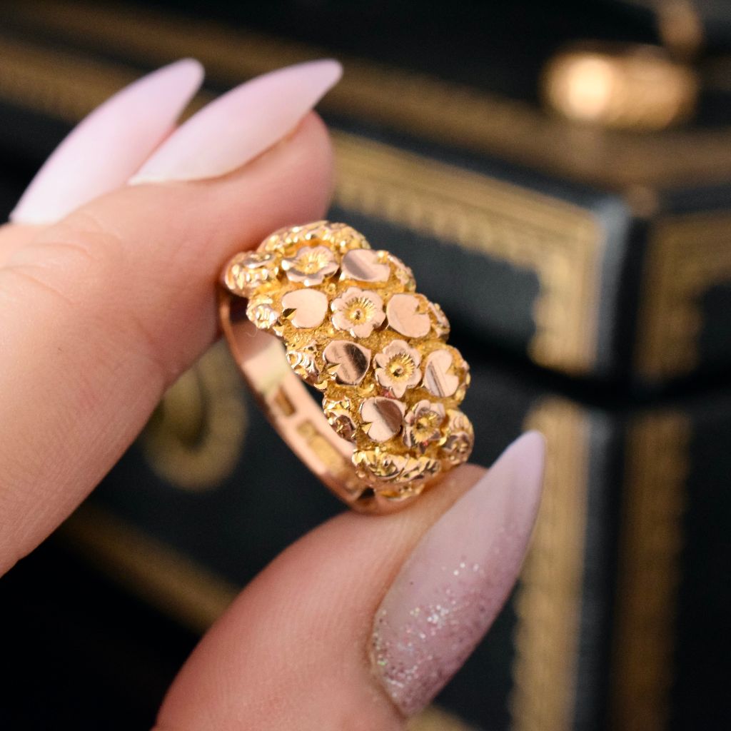Superb Antique 9ct Rose/Yellow Gold Wide Floral ‘Hearts And Roses’ Ring Birmingham 1909