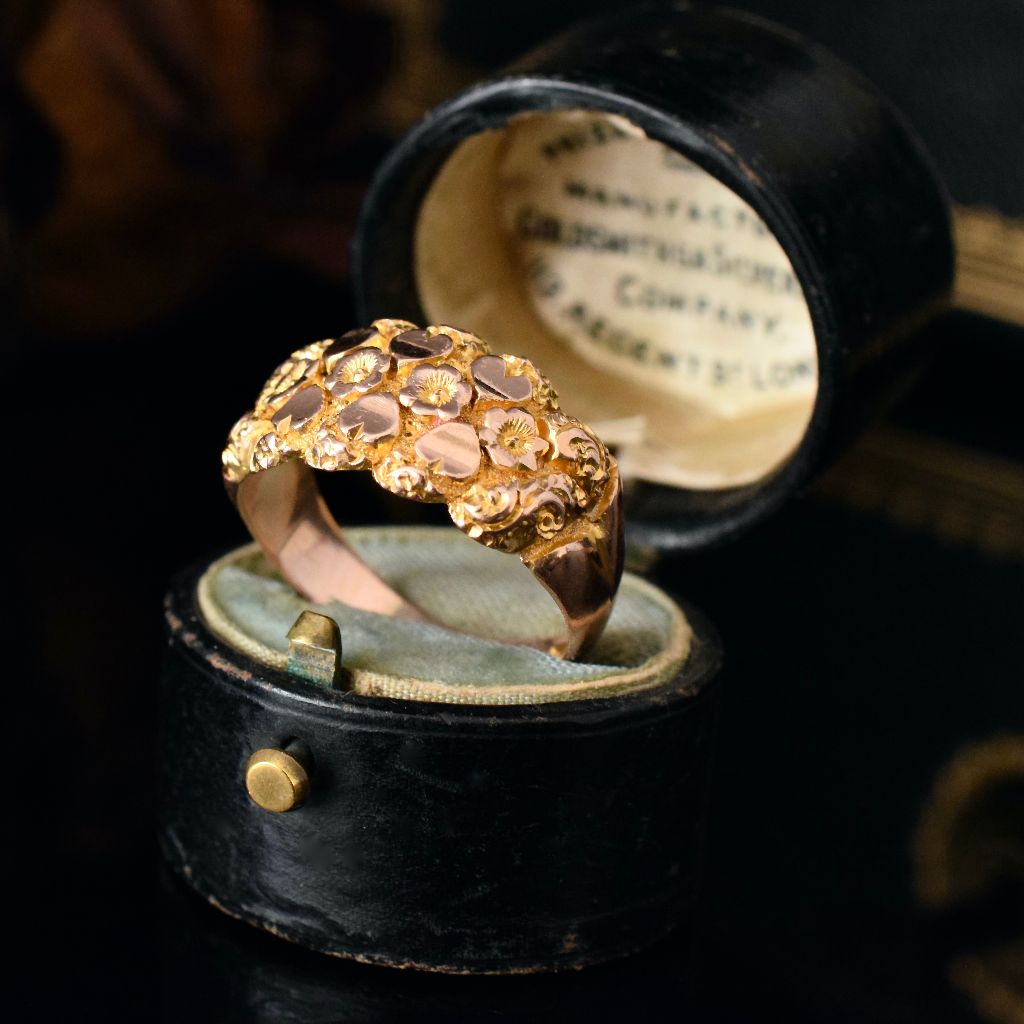 Superb Antique 9ct Rose/Yellow Gold Wide Floral ‘Hearts And Roses’ Ring Birmingham 1909
