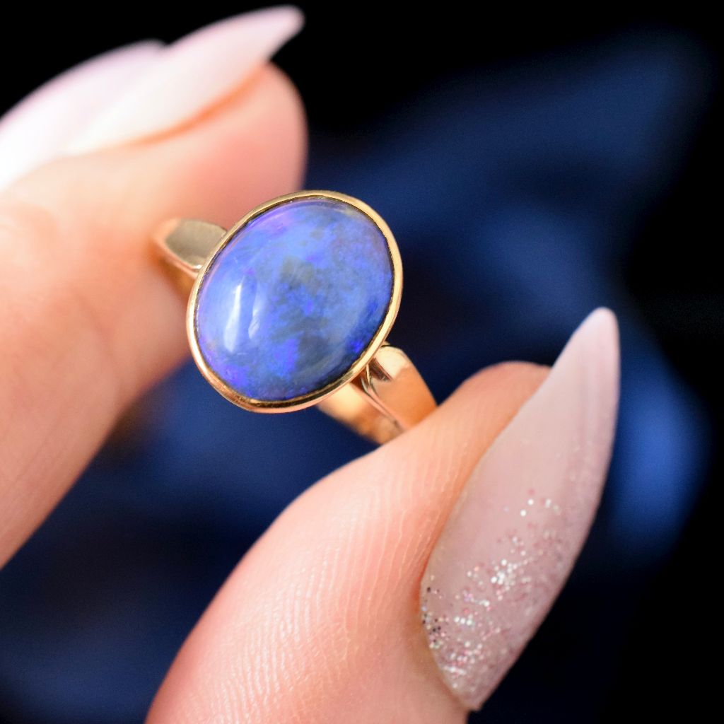 Vintage 18ct Yellow Gold Lightning Ridge Solid Black Crystal Opal Ring