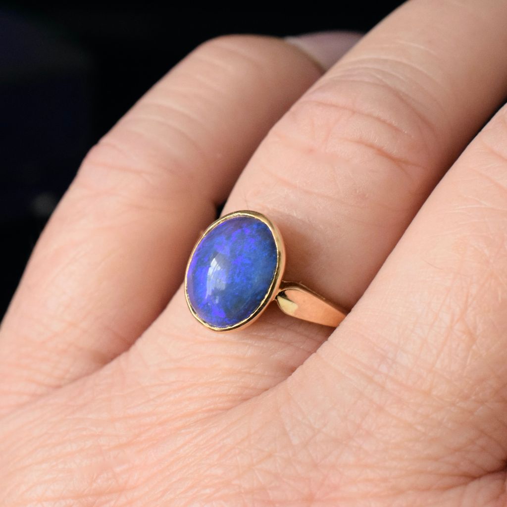 Vintage 18ct Yellow Gold Lightning Ridge Solid Black Crystal Opal Ring